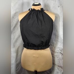 LARGE Black Cropped Halter Top Sleeveless Stretch Cool Tie Back Ruffles Like New